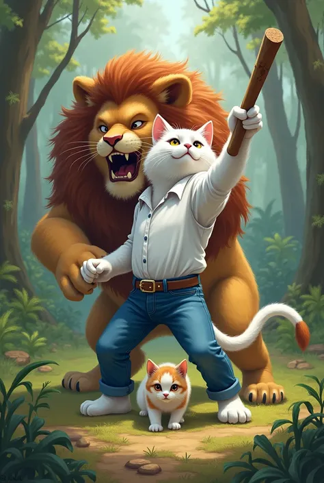  White cat standing on two legs AI cat white cat with clothes same like boy (white shirt and blue jeans) Image : The malecat with clothes attack fighting on fatherlion with a stick and save the kitten in forest.


