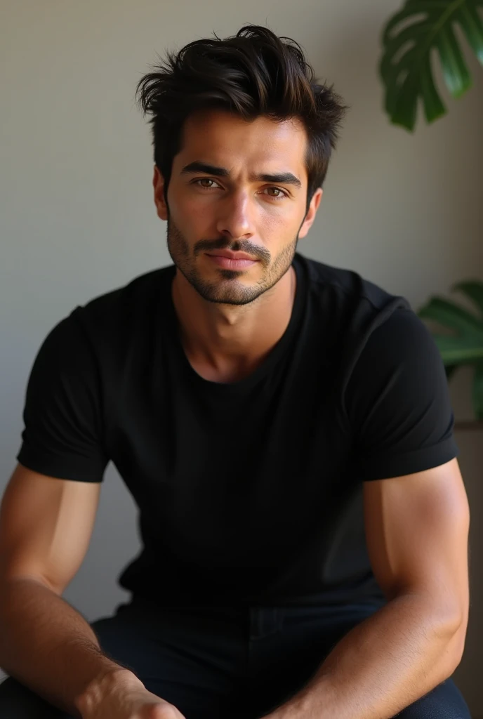 hot guy, sitting, black t-shirt, smirk