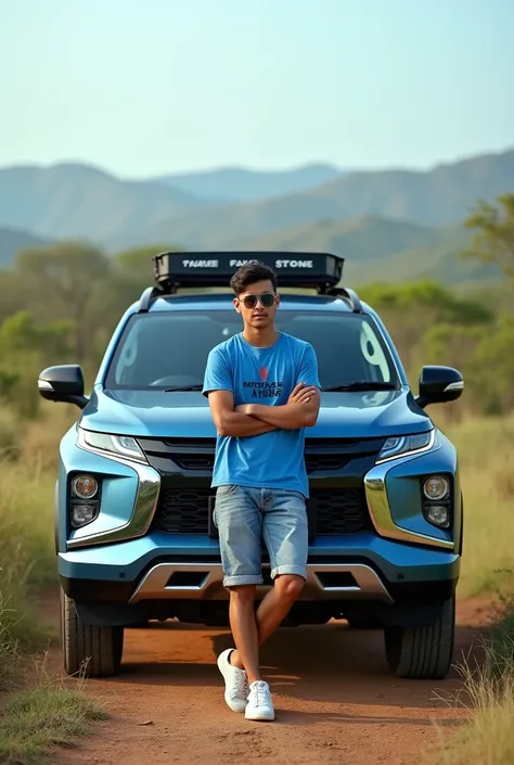 Photographyrealistic. young Indonesian man with a stylish face like a model. wearing a blue minion t-shirt. short jeans. sunglasses, white sneakers, folded arms across his chest. posing behind a white Mitsubishi Pajero Sport modifikasi. savanna atmosphere....