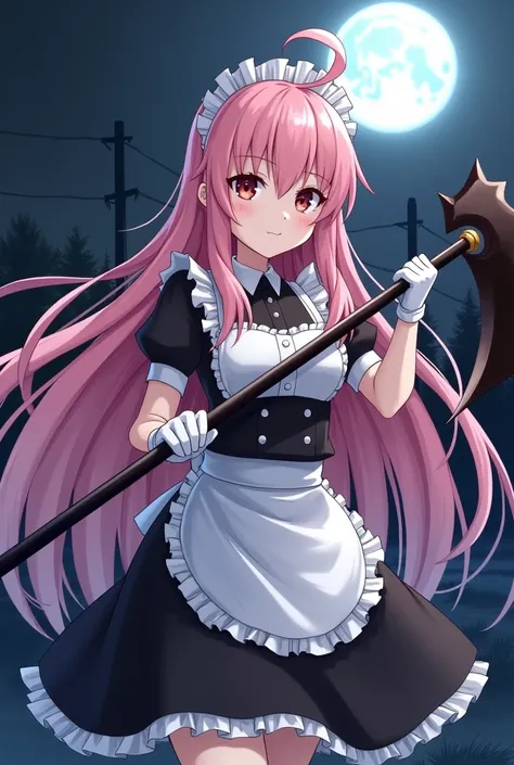 maid，White Gloves，Pink long hair anime girl￼￼￼，Night，giant scythe