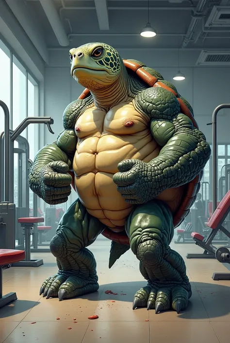 muscular sea turtle drawing at the gym working out his chest 

