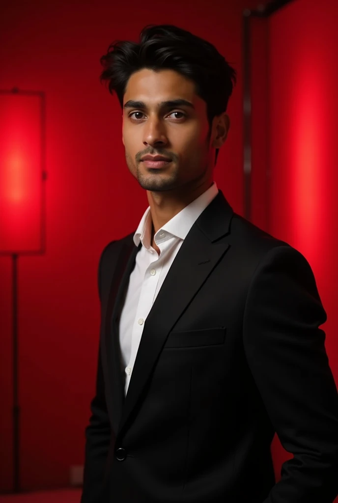 Single indian guy with fair skin with narrow body and 5.6 feet height posing for professional picture wearing black blazer and white shirt with red light effect in background 