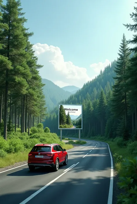 in the center, on an island of the road, there is a large beautiful billboard with a picture of a pine tree, which says "Welcome to PINE Valley", one red Skoda car is driving with its back to us, and pine trees on the sides of the road. Dense forest. The m...