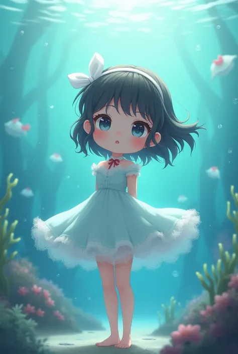 cute girl yeah,flat chest,kawaii,(jellyfish girl:1.2), arms behind back,underwater,frilled dress,