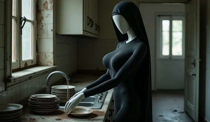 sexy white mannequin, wearing sexy black nun clothes, at an abandoned building, eerie feeling, horror, white faceless face, faceless, mannequin girls, cleavage, thigh, nighttime, seductive, sexy, looking at viewer, abandoned kitchen, dirty rusty plates, ma...