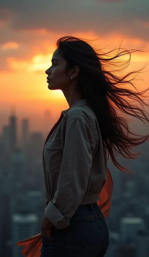 A confident Indian girl, aged 26-30, standing at the edge of a cliff or high urban rooftop, looking into the horizon. Her pose should reflect bravery and risk-taking, with wind blowing through her hair. The background should be dramatic, with deep orange a...