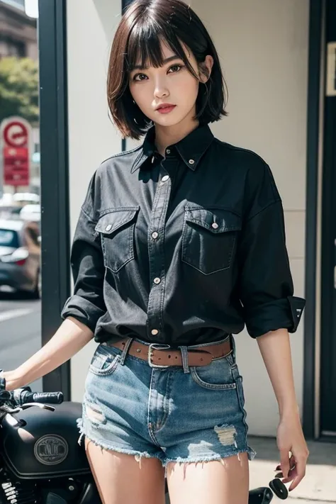 Cafe Racer,motorcycle,Matte Black,Bob with a Falling Front,(Check shirt),Denim shorts,boots,Japanese,girl,Red Lip,白と黒のCheck shirt,Bangs down,Oversized shirt,Take your shirt out of your pants,Unbutton all the buttons on your shirt