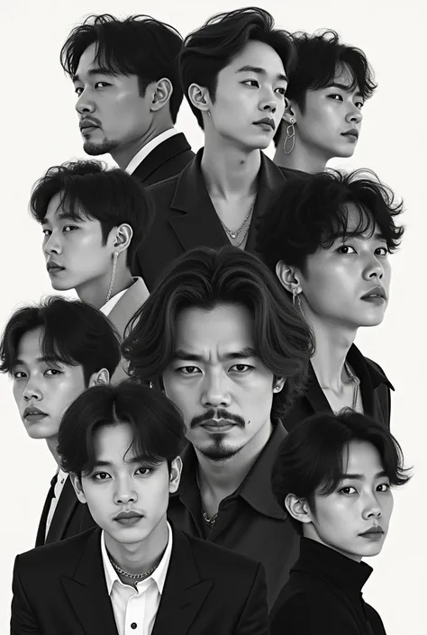 Create a black and white collage with Leonardo DiCaprio,Johnny depp, gojo Satoru,brad Pitt,suga of bts,jungkook of bts,Felix of stray kids,cha eun woo of astro