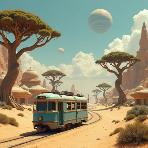 professional photo, fantasy world on another exoplanet planet, desert with sand houses, old blue tram, intricate huge trees, intricate houses, in space, Planets in the sky, High resolution, high detail, Random angle, hyperrealism