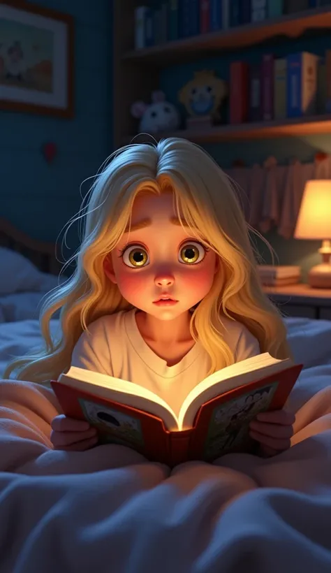 Pixar disney style of a scared  blonde girl reading a scary story on bed at night