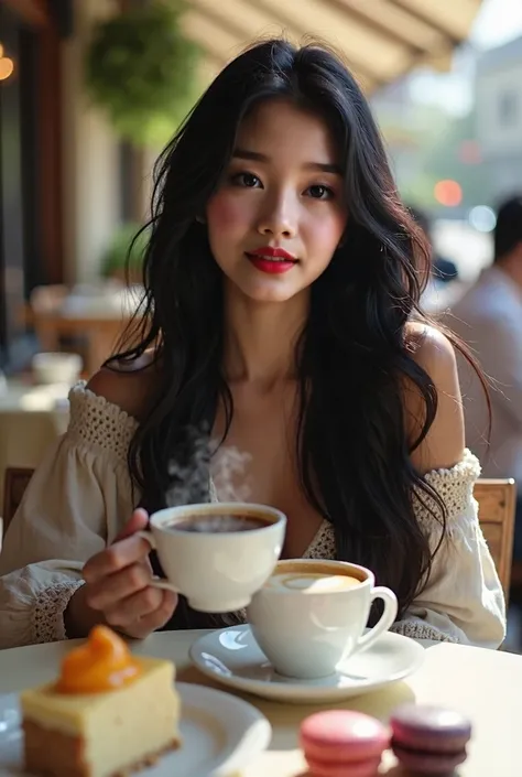 ((A young woman with long black hair))((The size ratio of the surrounding objects is completely correct to that of the woman.))((Masterpiece Real Photos 8K Wallpaper))Tea-time in the afternoon. Beautiful girl sitting at an outdoor cafe drinking latte coffe...