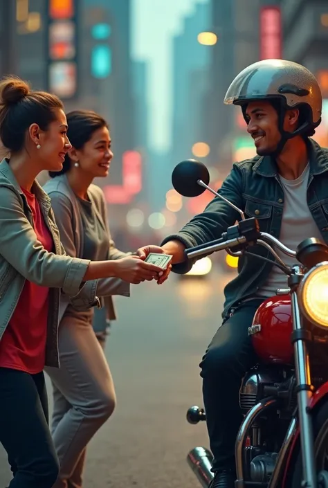 Two people receiving money from a person riding a motorcycle