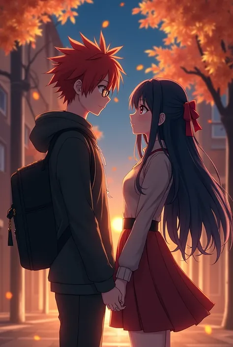 In anime version
"A young red-haired college boy,red eyes and messy glasses,long hair type man wearing glasses and a scarf, inspired by Hikigaya Hachiman the anime *Oregairu*, He is standing in front of a young college girl. She has long black hair, decora...