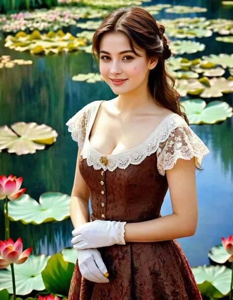 a painting in the style of the painter auguste renoir,  impression art ,  background lotus pond,  a italian actress, cinema of j...