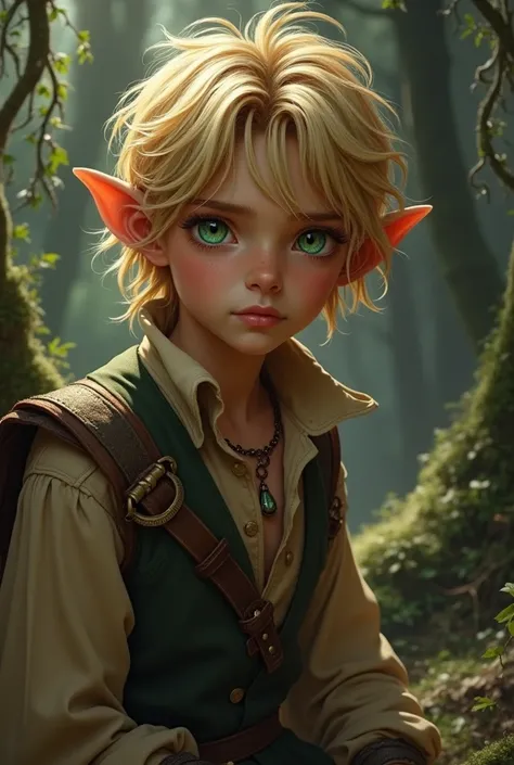 Blonde Hair, 1 Boy, Pointed ears，Beautiful face, Green eyes, Brown skin, Bard&#39;s Costumes , Solitary, European, rest