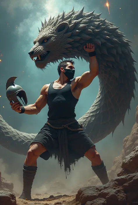 SLIM MUSCULAR MAN WEARING BLACK TANKTOP and a black FACE MASK WITH A STEEL ROMAN HELMET FIGHTING A SNAKE WITH A LIONHEAD THE DEMIURGE ON THE SPACE