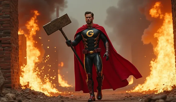 Chris Hemsworth wears a sledgehammer costume, metallic black color combination, red and gold accents, equipped with letter symbols ("g") gold on the chest, crimson robe, and futuristic batik patterns on gloves and shoes. using a hammer to break the wall. T...