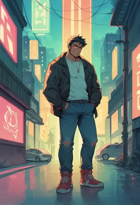 A man with neon eye standing on neon city