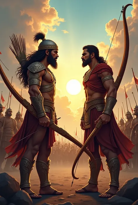 In cinematic cartoon style "A dramatic battlefield scene from the Mahabharata, featuring two fierce warriors, Karan and Arjun, facing each other. Karan, wearing ornate armor and holding a shining bow, looks resolute yet pained. Arjun, with his iconic Gandi...