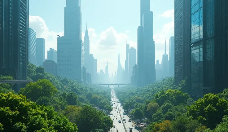 an abandoned future cyberpunk city , glass BLD , a view from the sky , very very extra wide shot ,  with a lot of green , with blue sky , nice weather , clear view ,