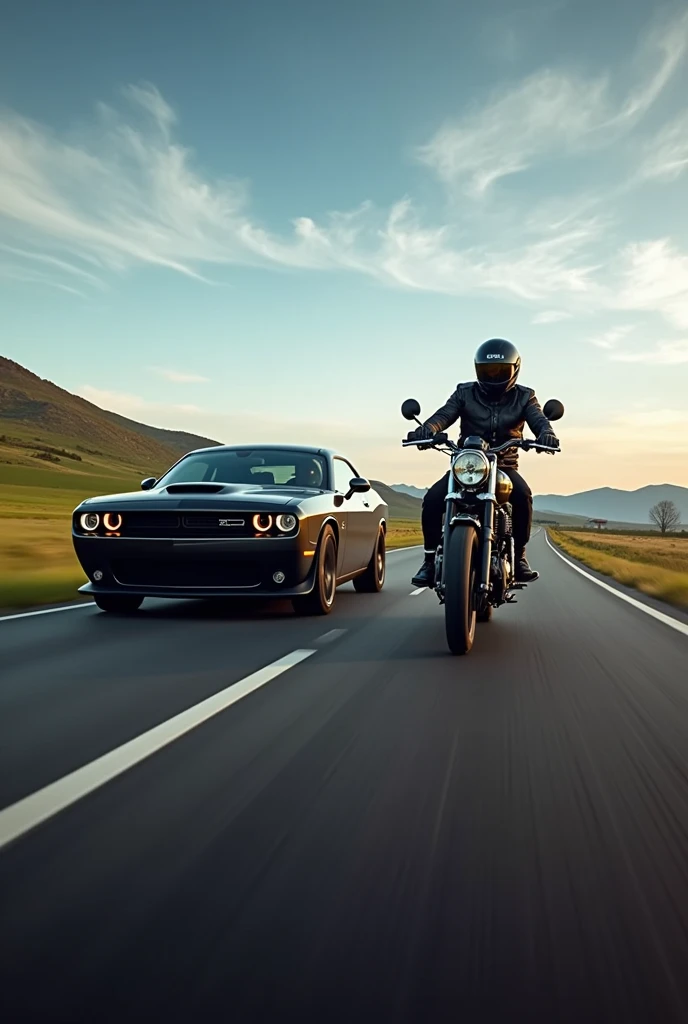 Dodge Challenger car & royal in field gt 650 bike highway running