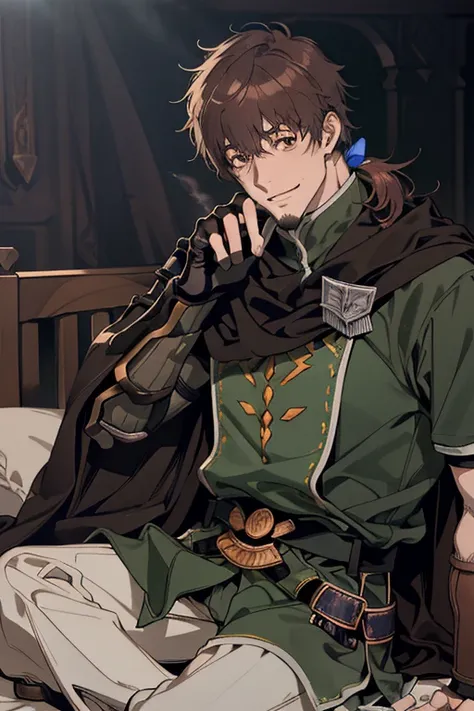 fatehector, masterpiece, best quality, high quality, 1man, solo, male focus, tabard, short sleeves, brown eyes, brown hair, ponytail, blue hair ribbon, black cape, fingerless gloves, gauntlets, white pants, sitting, on bed, crossed legs, five fingers, dram...