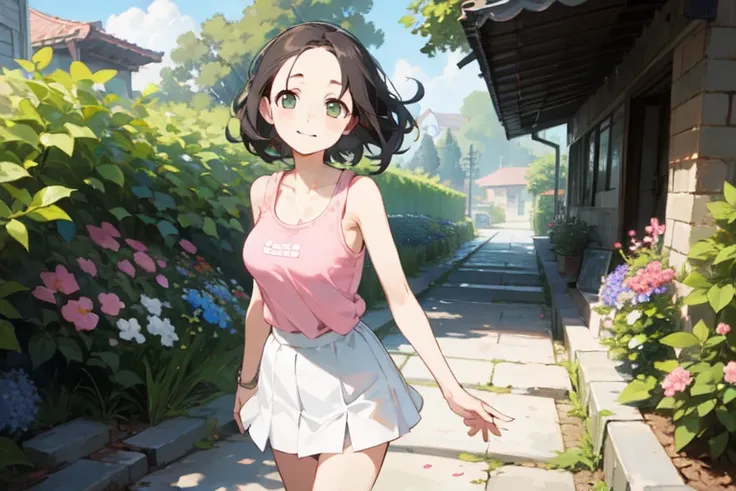  (finely best quality illustration:1.2), (kawaii girl:1.0), (1girl, solo:1.0), a girl with black hair walks in a pathway with flowers in the background, anime style, cowboy shot, looking at viewer, outdoors, realistic lighting, 
BREAK 1girl, solo, smile, (...