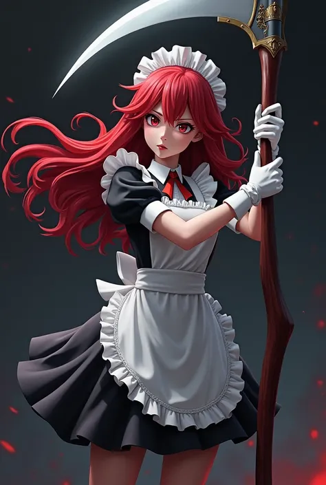 maid，White Gloves，giant scythe，Red long hair anime girl￼，anime style