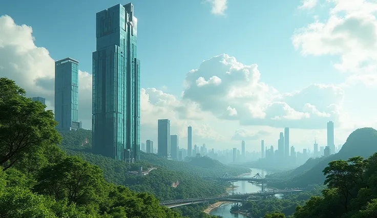 an abandoned future cyberpunk city , a glass BLD , a view from the sky , very very extra wide shot ,  with a lot of green , with blue sky , nice weather , clear view ,