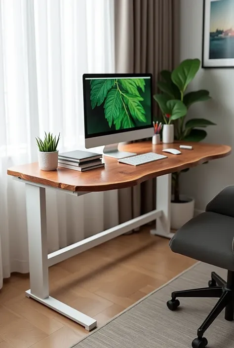 The image features a modern ergonomic desk setup with a unique bean-shaped organic design, crafted from live edge solid acacia wood that showcases its rich, warm finish. The desk is supported by a sturdy white frame, emphasizing its contemporary appeal. On...