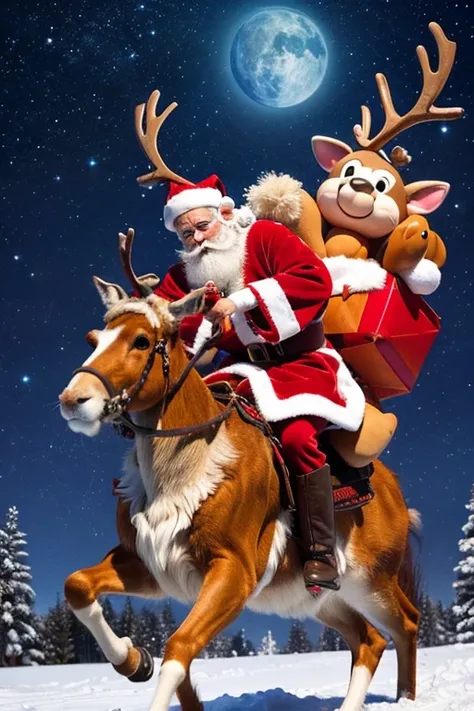 Funny Santa Claus riding a reindeer is giving out presents