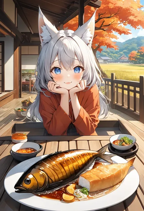 「Taste of autumn、A silver-haired girl with fox ears enjoying a saury」
Taste of autumnである秋刀魚をテーマに、The scene depicts a beautiful girl with silver hair and fox ears enjoying eating pacific saury in the warm autumn sunshine.。In the background is a traditional ...