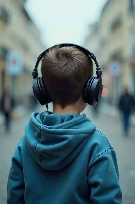 Generate a boy image who is looking and we take a photo from his back and he is wearing a blue hoodie and a headphone on his head 