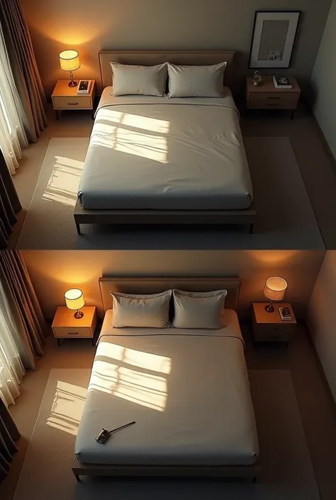 4 photos with different lighting of a top-down perspective shot pointing to a bed in a room from above, Zenithal shot, Each photo must be the same room but the only thing that changes is the sunlight, night, in the afternoon. sunrise, sunset, or with just ...