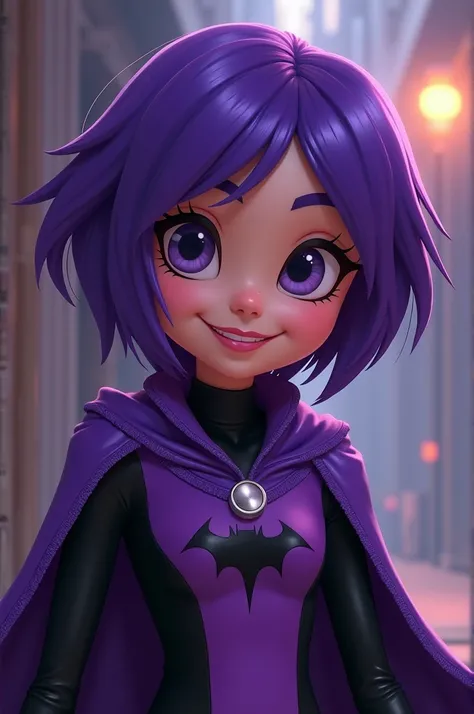 Litte witch, with short purple hair, using Raven uniform from cartoon "teen Titans" smiling.