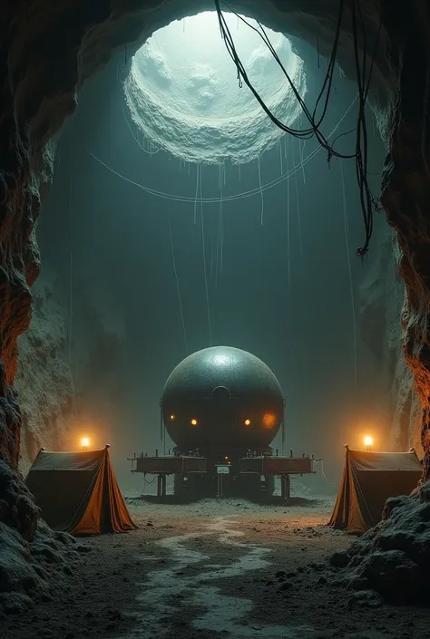 Dark underground cavern, four military tents, spherical machine in the center, dark and low light source, wiring, cinematic composition, eerie textures, high contrast, atmospheric gloom, scary, warm colors