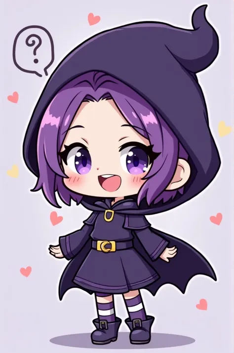 Litte witch, with short purple hair, using Raven uniform from cartoon "teen Titans" smiling, in chibi style.