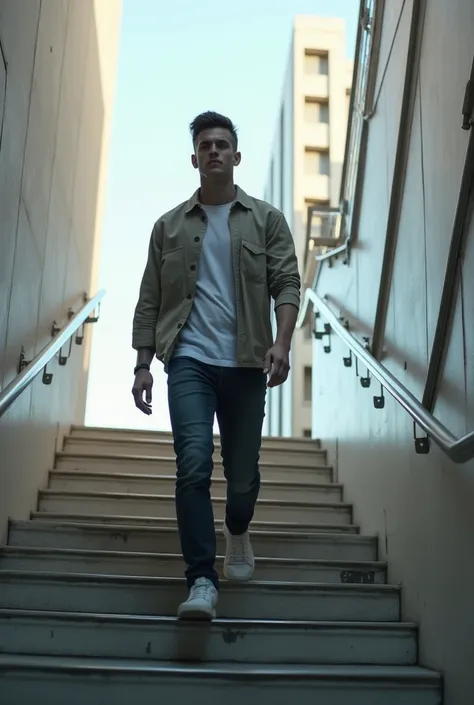 Young Man walking down 
on stairs 
