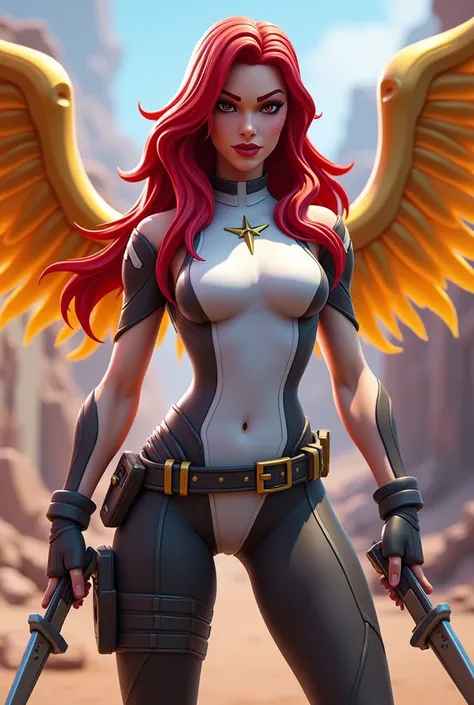 Skin Fortnite black widow, aux Longs cheveux rouges dans une combinaison blanche.
Avec des grandes ailes dorées dans le dos.  Avec des armes, prête au combat, dans un univers de jeux vidéos.
