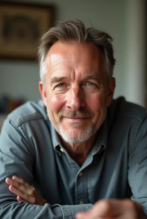 Realistic image for a blog. close-up of a normal looking man, about 40 years old, writer, in a home environment, simple and bright. The man is looking at the camera and smiling slightly.