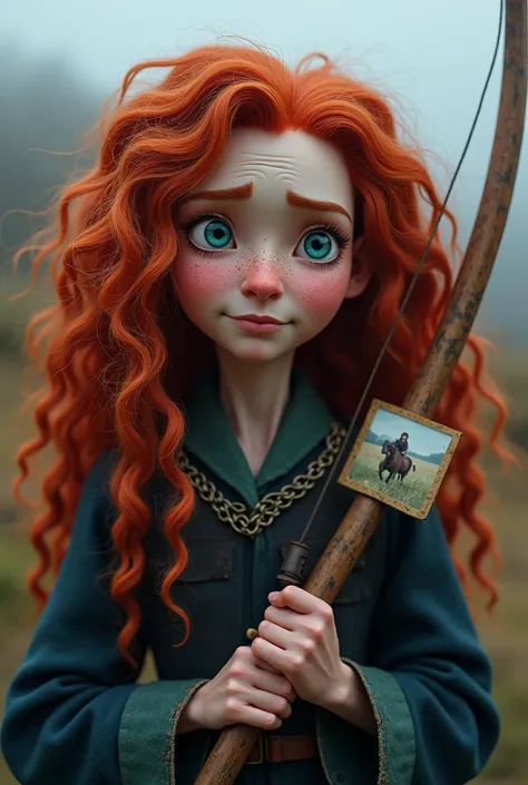 ((Masterpiece)), (((Highest quality))), ((Very detailed)), ((Photorealistic)), a close-up front view of an elderly Merida from *Brave*, her fiery red hair now streaked with silver but still untamed and wild. Her face shows the marks of time with deep lines...