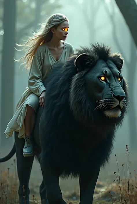 A beautifull girl with a lion eye riding a black lion with a human eye