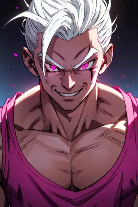 (masterpiece) (8k) (best quality) (1boy) (1male) spikey white hair, white hair, nape length hair, mid length hair, hair in face, glowing pink eyes, glowing eyes, pink eyes, evil smile, Cheshire grin, evil grin, pink glow, pink aura, pink facial markings, f...