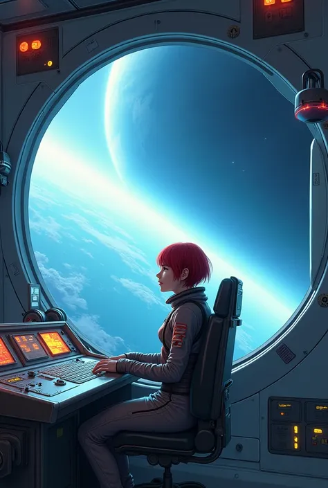 An absurd resolution, High resolution, (masterpiece: 1.4), Super detailed, One young woman, Short Red Hair, Pilot Suit, Rich Princess, I&#39;m sitting in a very small, enclosed mecha control room, looking out the window., The window allows you to see the b...