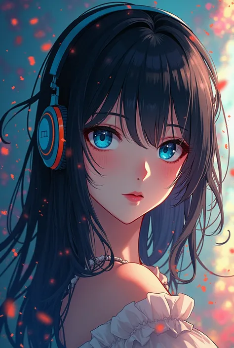 Anime woman with headphones dark hair BLue eyes with alot colors and ilumination more age and more dimension