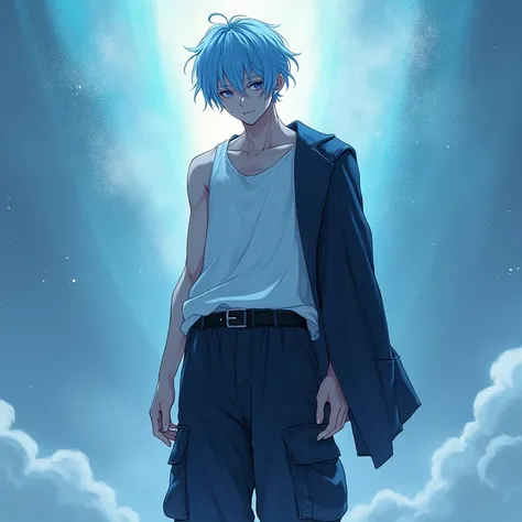 a tall boy,short light blue hair with dark blue highlights,with an aurora above his head,with serious, almost white violet eyes,an athletic body,wearing a white loose sleeveless shirt with a navy blue jacket slung over one shoulder,loose trousers with seve...