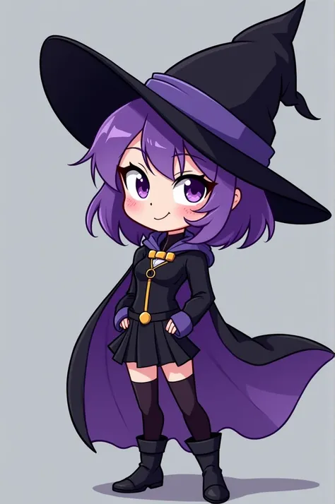 Sexy witch, with short purple hair, dressing Ravens uniform from cartoon "teen Titans" with withe long soxs, in chibi style.