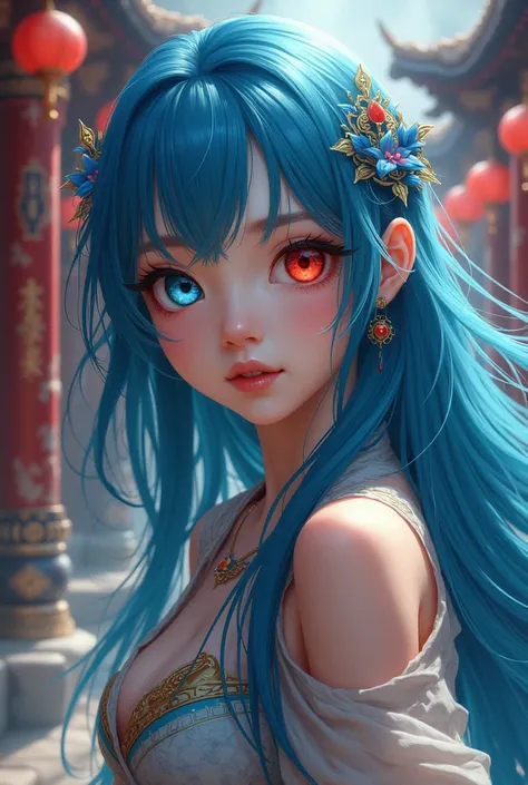 A blue-haired girl with blue left eye and red right eye is in an ancient Chinese city.