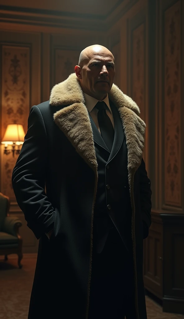 The dangerous mafia boss (Theodore King) is indifferent, standing in the mansion at night, muscular, fur coat, turning his head to talk