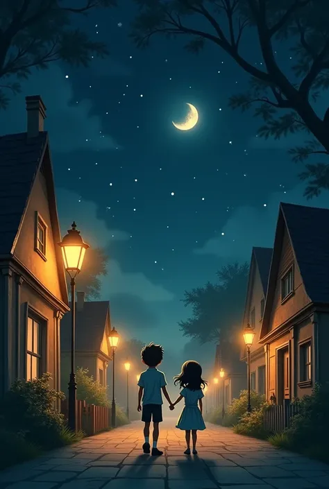 A boy and girl walking on the street at night and in the sky there are half moon and the shooting star’s and they both girl and boys walking under light lamp or street light and houses on the both road side